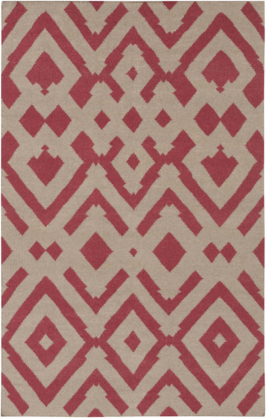 Close-up of the hand woven Goldsboro Area Carpet. Burgundy geometric pattern on a taupe 100% wool background. Design-Rectangle-58