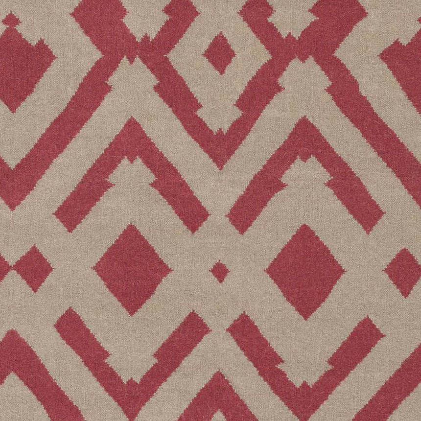 Close-up of the Goldsboro Area Carpet. Hand-woven wool rug with a geometric diamond pattern in burgundy and taupe. Swatch