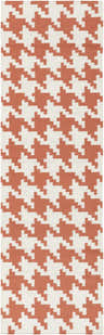 Close-up of the hand woven Goldthwaite Area Rug. Burnt orange and light beige houndstooth pattern. 100% wool texture. Design-Runner-268