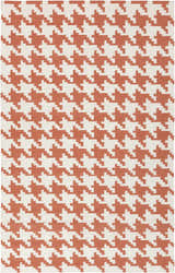 Close-up of the hand woven Goldthwaite Area Rug. Burnt orange and light beige houndstooth pattern. Design-Rectangle-58