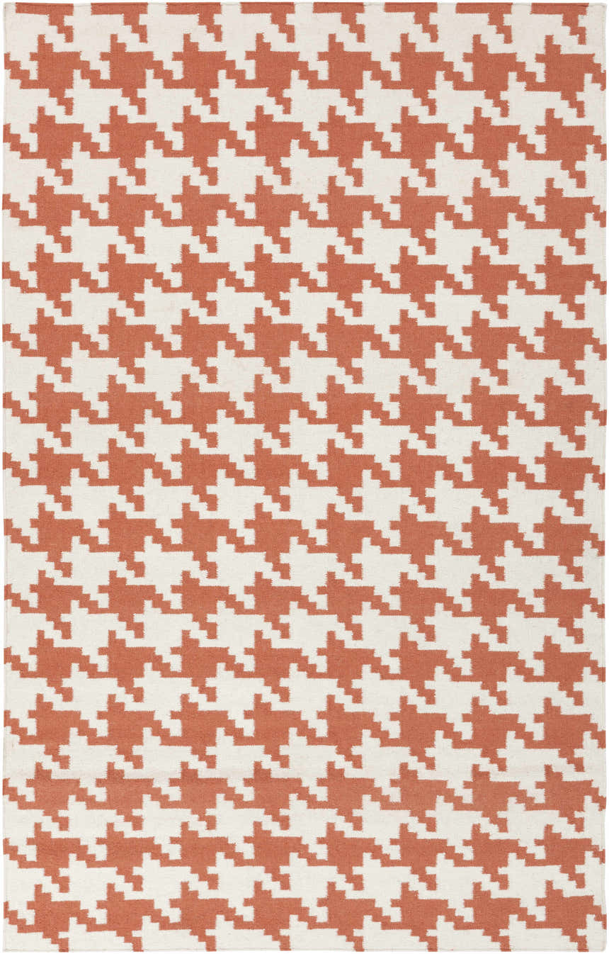 Close-up of the hand woven Goldthwaite Area Rug. Burnt orange and light beige houndstooth pattern. Design-Rectangle-58
