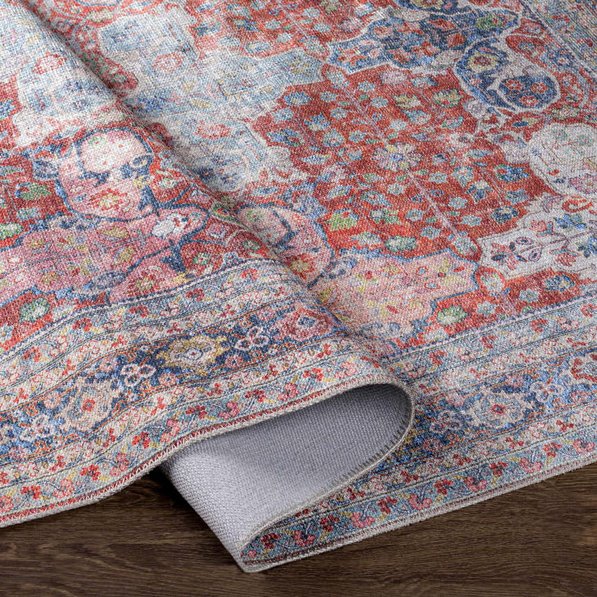 Close-up of the Rust Goma Vintage Area Rug showing its blush, brick red, and blue vintage-style pattern and texture. Fold