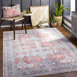 Living room scene with a Rust Goma Vintage Area Rug, chair, plants, and vintage decor. Bohemian style. Roomscene-Rectangle