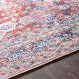 Close-up of the Rust Goma Vintage Area Rug showing blush, red, and blue floral pattern and machine woven texture. Texture