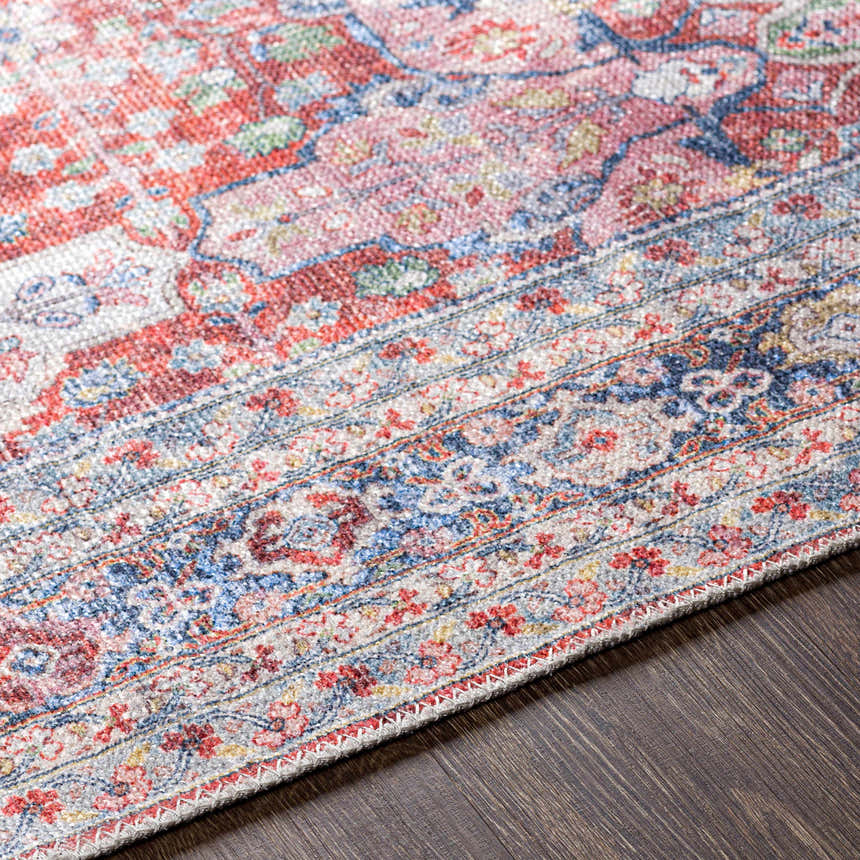 Close-up of the Rust Goma Vintage Area Rug showing blush, red, and blue floral pattern and machine woven texture. Texture