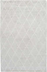 Close-up of the Gonvick Area Rug. Light gray viscose rug with an off-white diamond pattern and hand-knotted texture. Design-Rectangle-69
