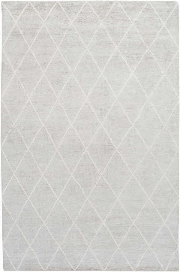 Close-up of the Gonvick Area Rug. Light gray viscose rug with an off-white diamond pattern and hand-knotted texture. Design-Rectangle-69