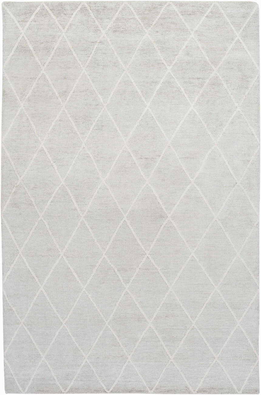 Close-up of the Gonvick Area Rug. Light gray viscose rug with an off-white diamond pattern and hand-knotted texture. Design-Rectangle-69