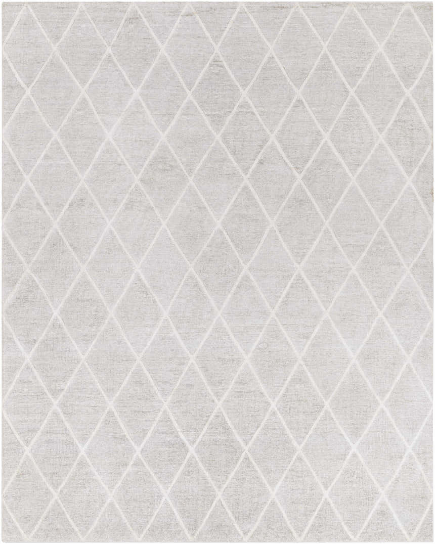 Close-up of the Gonvick Area Rug. Light gray viscose rug with a subtle off-white diamond pattern. Hand-knotted texture. Design-Rectangle-810
