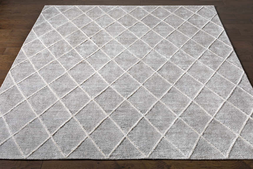 Close-up of the Gonvick Area Rug. Light gray viscose rug with an off-white geometric diamond pattern. Hand-knotted texture. Front