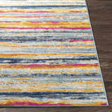 Close-up of the Gooburrum Area Rug featuring burnt orange, fuchsia, gray, mustard, and navy horizontal stripes. Front