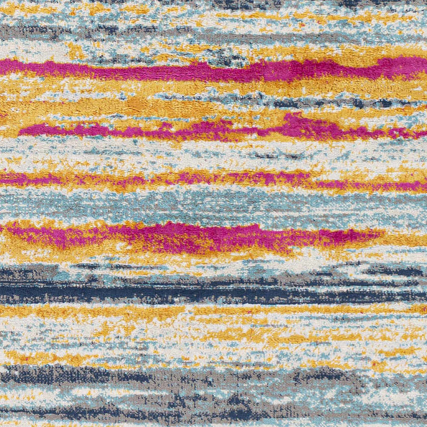 Close-up of the Gooburrum Area Rug. Features a contemporary striped pattern in burnt orange, fuchsia, gray, mustard, and navy. Swatch