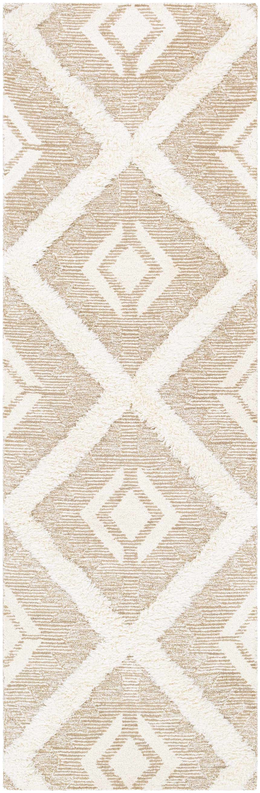 Close-up of the Goodridge Area Rug. Cream and light brown rug with a geometric diamond pattern and a hand-tufted texture. Design-Runner-268