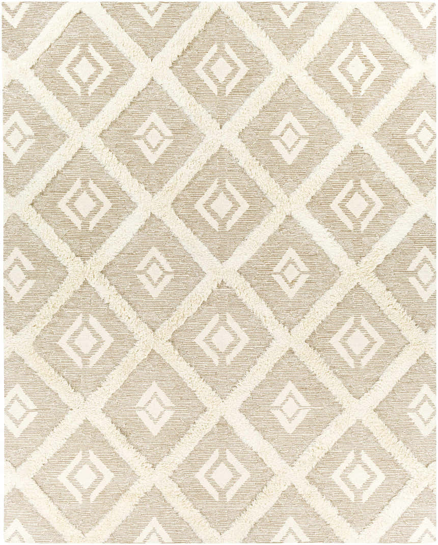 Close-up of the Goodridge Area Rug, cream and light brown hand-tufted rug with a diamond pattern. Design-Rectangle-810