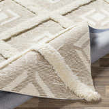 Close-up of the Goodridge Area Rug. Cream and light brown geometric pattern, hand-tufted texture. Clearance rug. Fold