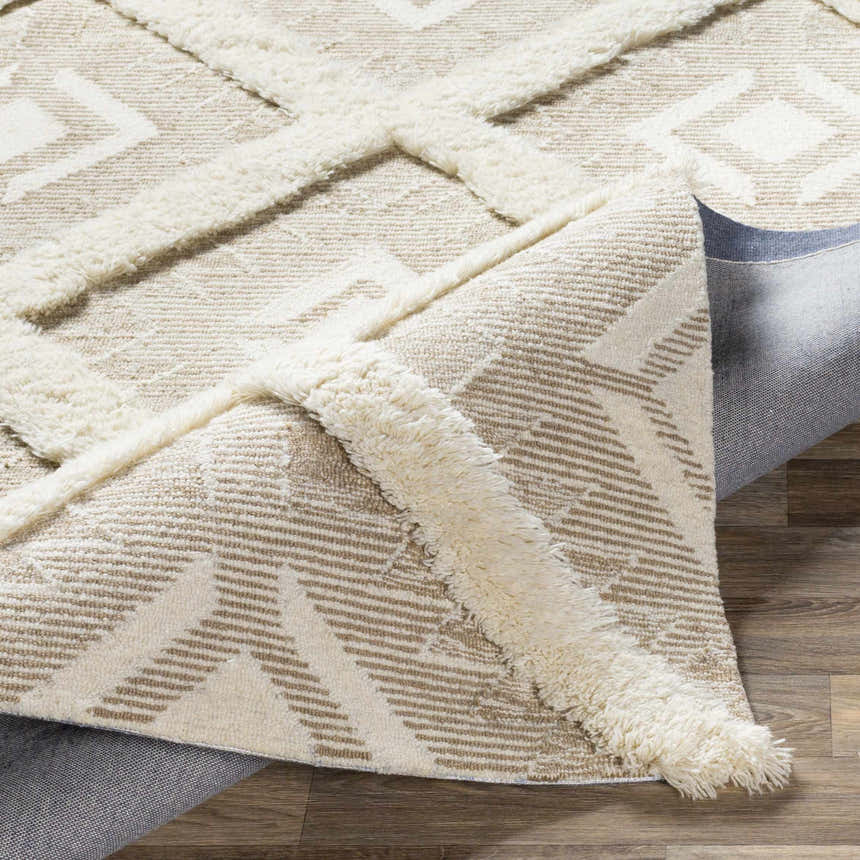Close-up of the Goodridge Area Rug. Cream and light brown geometric pattern, hand-tufted texture. Clearance rug. Fold