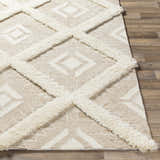 Close-up of the hand-tufted Goodridge Area Rug. Cream and light brown rug with geometric diamond pattern and shaggy accents. Front