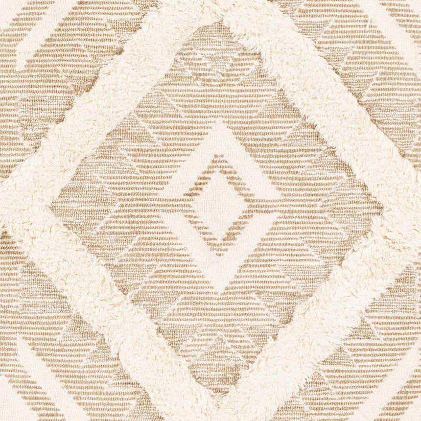 Close-up of the Goodridge Area Rug, cream and light brown rug with a geometric diamond pattern and hand tufted texture. Swatch