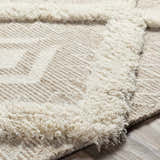 Close up of the hand tufted Goodridge Area Rug. Cream and light brown textured rug with fringe detail. Texture