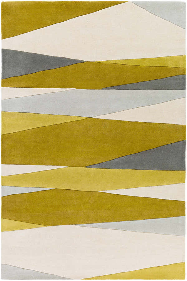 Close-up of the Goodsprings Modern Wool Rug. Features a geometric pattern in gray, ivory, tan, and medium gray hues. Design-Rectangle-58