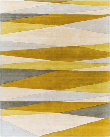 Close-up of the Goodsprings Modern Wool Rug. Features a geometric pattern in gray, ivory, medium gray, and tan hues. Design-Rectangle-7696