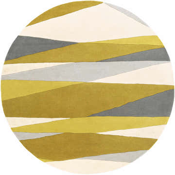 Round Goodsprings wool rug with a contemporary design in gray, ivory, tan, and medium gray hues. Design-Round-8