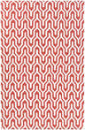 Close-up of the Goshen Area Rug. Hand-woven wool rug with a geometric red and white pattern. Contemporary style. Design-Rectangle-58