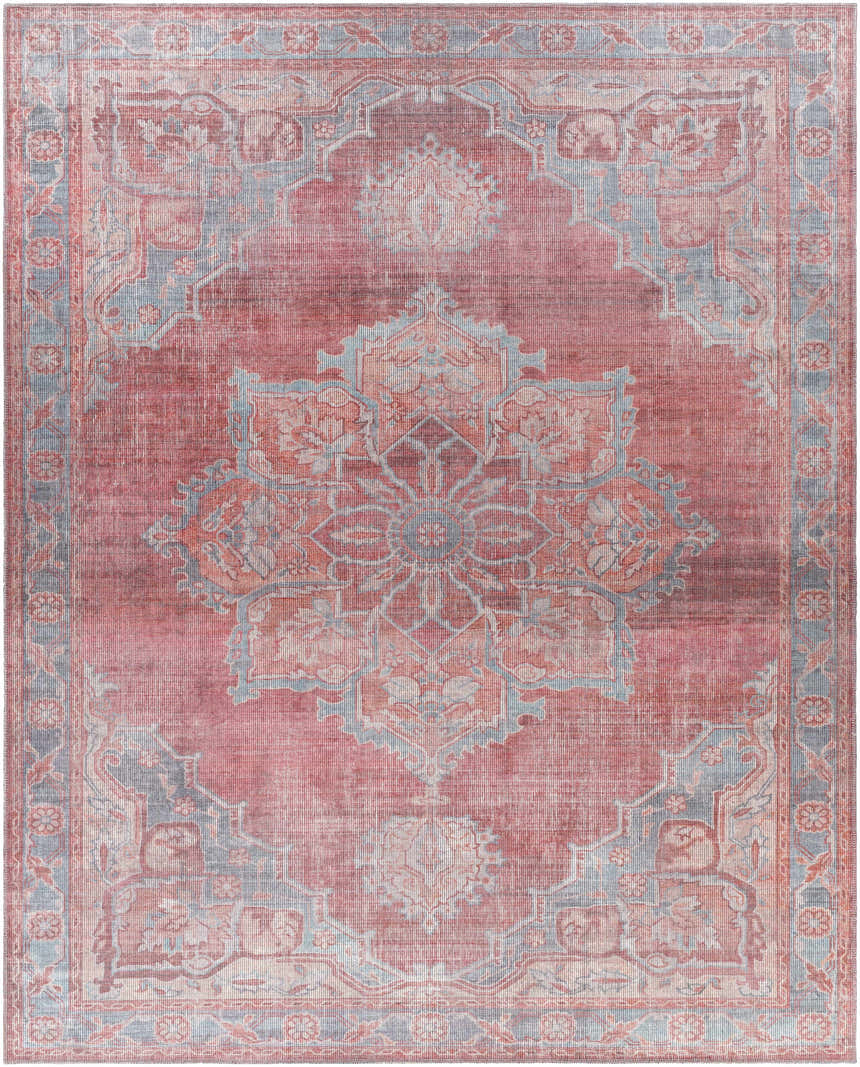 Close-up of the Goulburn Washable Area Rug. Features a traditional oriental design in blue, burgundy, and beige colors. Design-Rectangle-710102