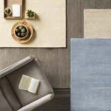 Overhead shot of Ahmeek Area Rug in medium gray, cream, and blue with horizontal stripes, styled with a chair and succulents. Styleshot