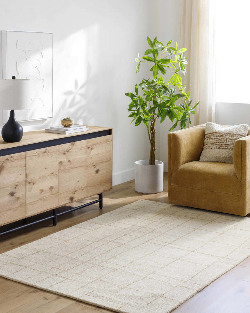 Living room scene with a light wood cabinet, mustard chair, and the ash and pearl Ailani Area Rug. Roomscene-Rectangle
