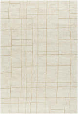 Close up of the Ailani Area Rug, ash and pearl wool with a hand-tufted geometric grid pattern. Design-Rectangle-576