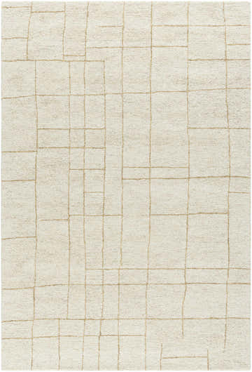 Close up of the Ailani Area Rug, ash and pearl wool with a hand-tufted geometric grid pattern. Design-Rectangle-576
