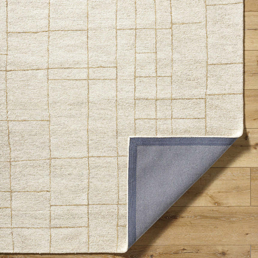 Close-up of the Ailani Area Rug showing the ash and pearl geometric pattern, wool texture, and rug backing. Fold