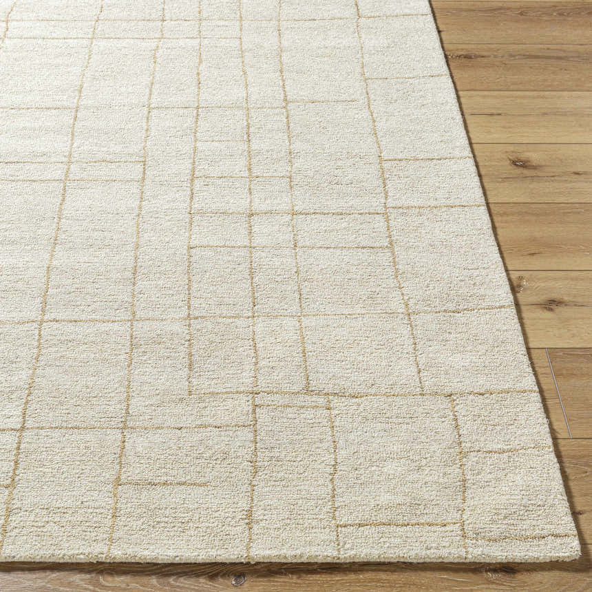 Close-up of the hand-tufted Ailani Area Rug. Ash and pearl wool rug with a farmhouse-style geometric grid pattern. Front