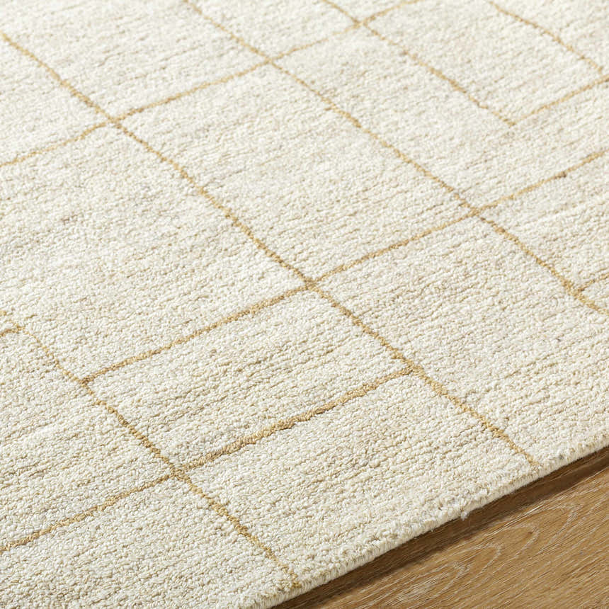 Close-up of the Ailani Area Rug. Hand-tufted wool rug in ash and pearl with a subtle geometric grid pattern. Farmhouse style. Texture