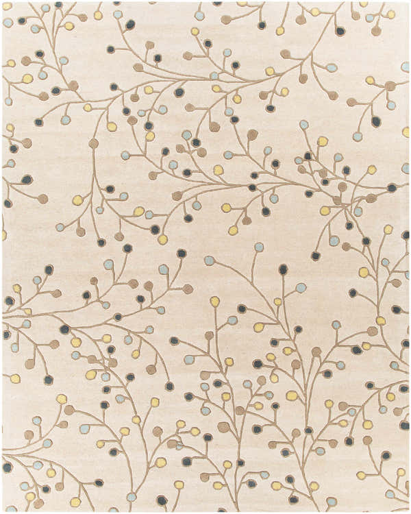 Close-up of the Beige Elsu Wool Rug featuring a delicate floral pattern in brown, blue, and yellow on a light beige background. Design-Rectangle-7696