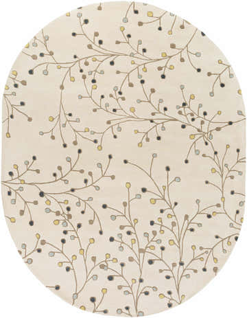 Close-up of Beige Elsu Wool Rug. Oval rug with a floral pattern in brown, blue, and yellow on a light beige background. Design-Oval-810