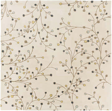 Close-up of the Beige Elsu Wool Rug, featuring a delicate floral pattern with brown, blue, and yellow accents. Design-Square-8