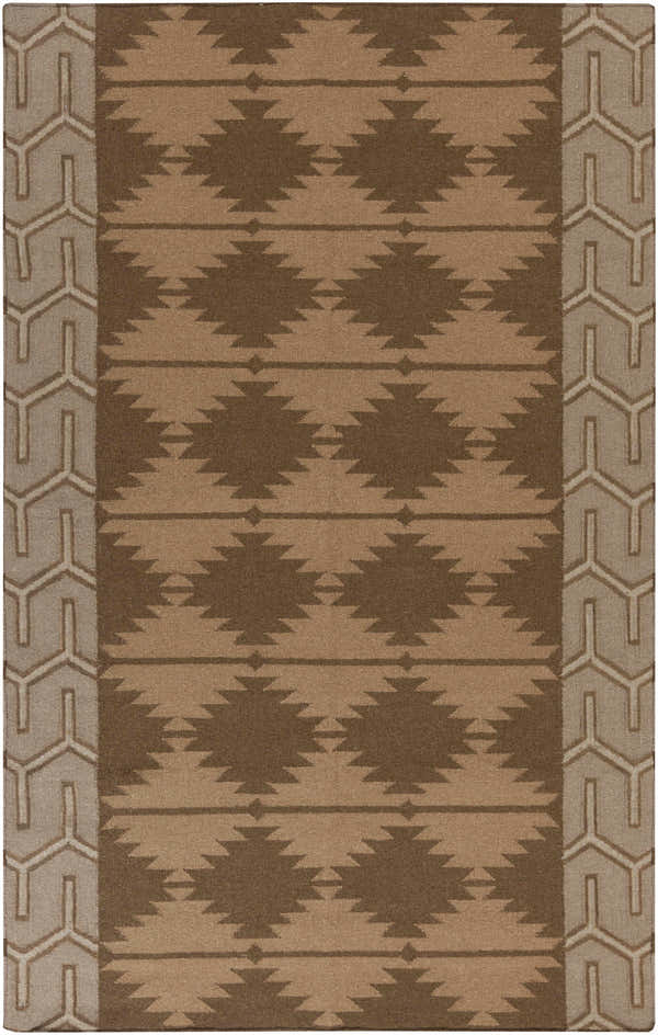 Close-up of the hand-woven Grandy Area Rug; brown and tan wool with a Southwestern diamond pattern and geometric border. Design-Rectangle-58