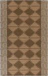 Close-up of the hand-woven Grandy Area Rug; brown and tan wool with a Southwestern diamond pattern and geometric border. Design-Rectangle-58