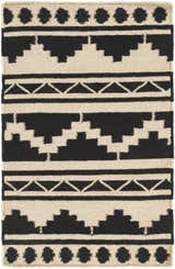 Close-up of the Gratiot Area Rug. Black geometric patterns on a medium gray, hand woven rug. Perfect for bathroom, kitchen, or mudroom. Design-Rectangle-23