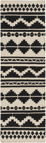 Close-up of the hand woven Gratiot Area Rug. Black geometric patterns on a medium gray background. Design-Runner-268