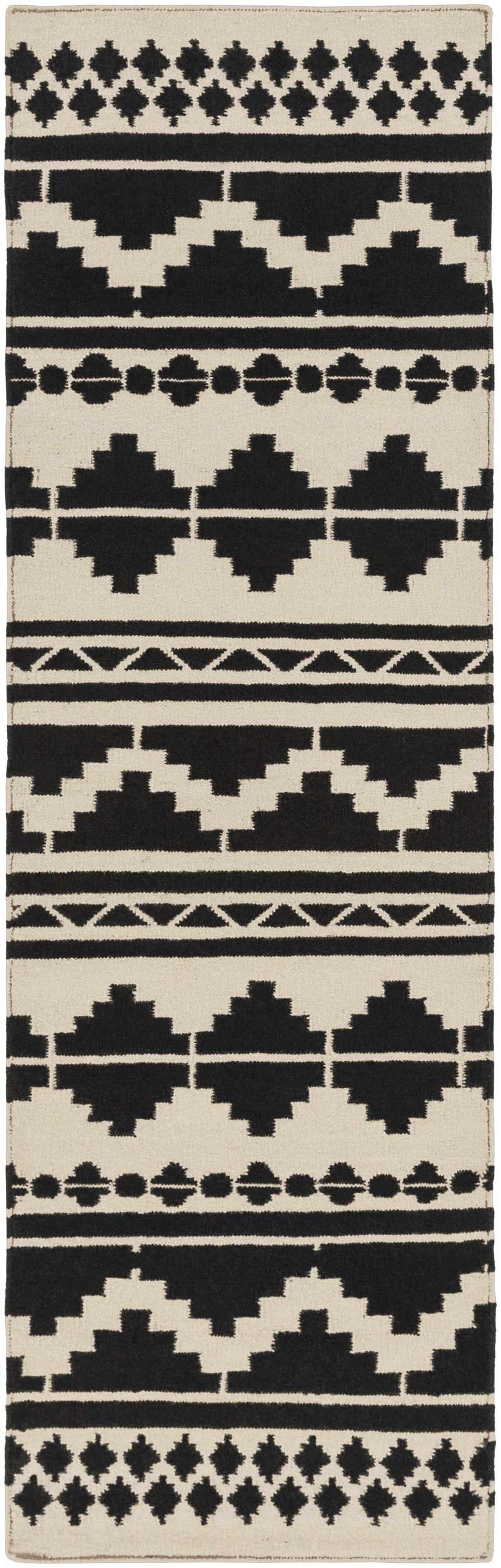 Close-up of the hand woven Gratiot Area Rug. Black geometric patterns on a medium gray background. Design-Runner-268