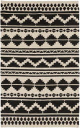 Close-up of the hand woven Gratiot Area Rug. Black geometric patterns on a medium gray background. Bathroom, kitchen, mudroom rug. Design-Rectangle-58