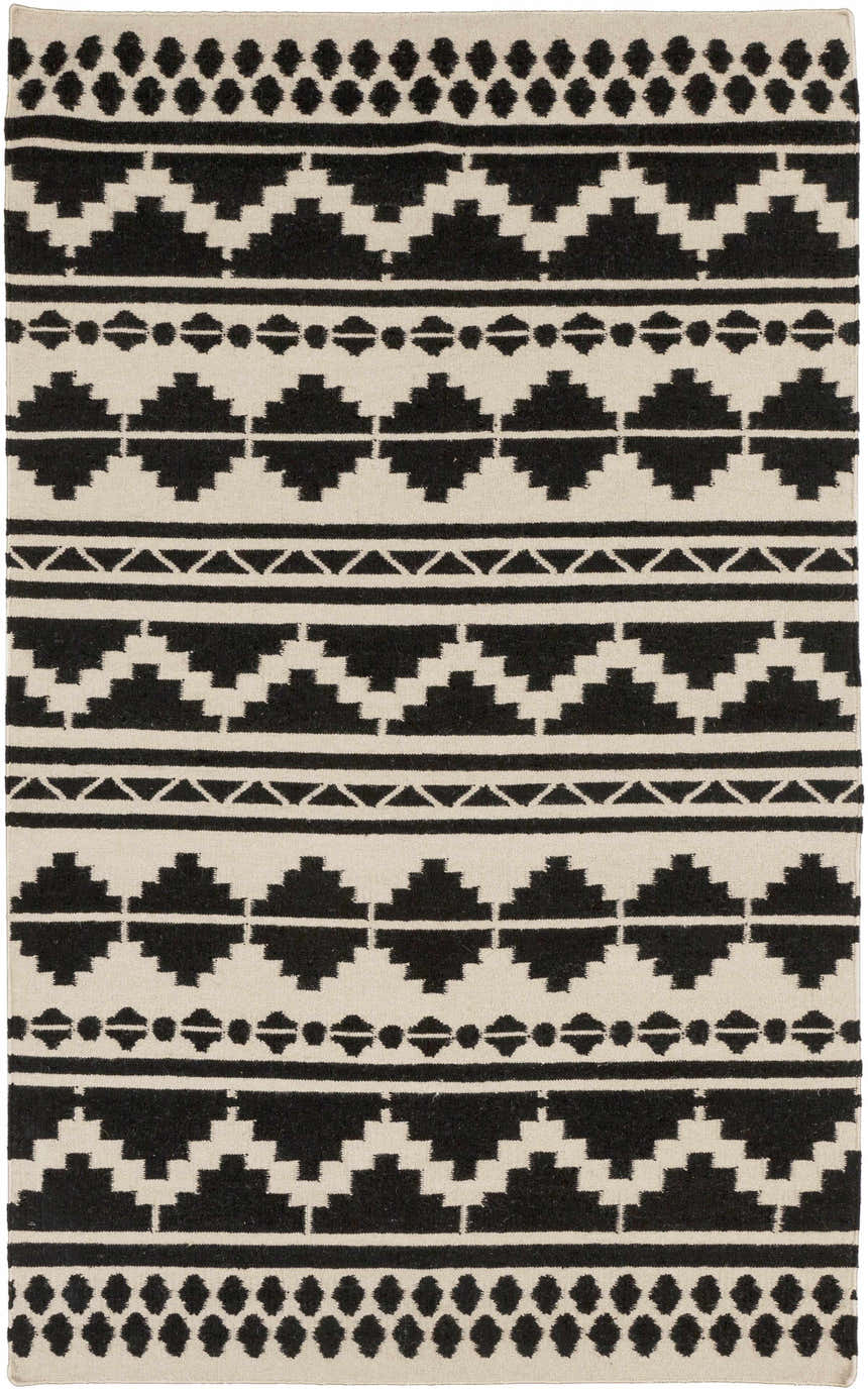 Close-up of the hand woven Gratiot Area Rug. Black geometric patterns on a medium gray background. Bathroom, kitchen, mudroom rug. Design-Rectangle-58