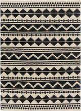 Close-up of the hand woven Gratiot Area Rug. Black and medium gray geometric pattern. Perfect for bathroom, kitchen, or mudroom. Design-Rectangle-811