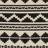 Close-up of the Gratiot Area Rug. Hand woven rug with black geometric patterns on a medium gray background. Swatch