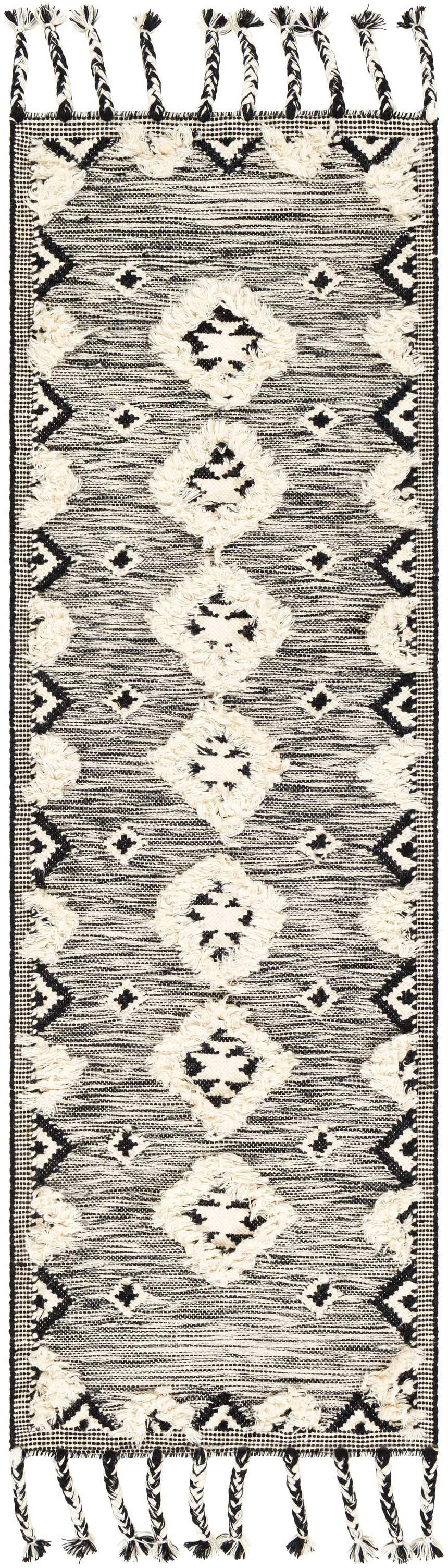 Close-up of the Gardner Cream on Gray Wool Tassel Rug, featuring a geometric pattern and tasseled edges. Design-Runner-268
