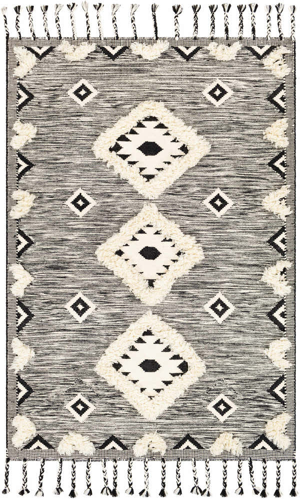 Close-up of the Gardner Cream on Gray Wool Tassel Rug. Hand-woven rug features diamond patterns and decorative tassels. Design-Rectangle-576
