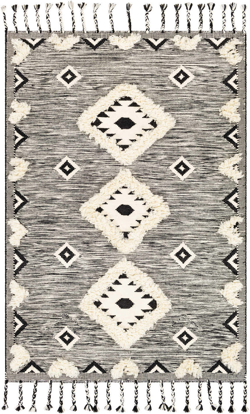 Close-up of the Gardner Cream on Gray Wool Tassel Rug. Hand-woven rug features diamond patterns and decorative tassels. Design-Rectangle-576